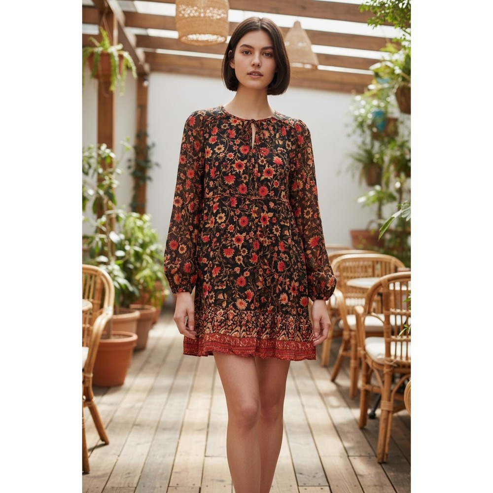 Billabong Hearts Desire Floral Mini Dress Long Sleeve Boho Red Black Western Lg